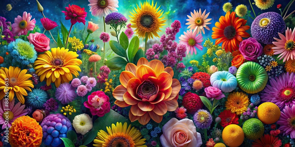 Colorful flowers from different universes coming together in a vibrant and unique multiverse floral arrangement Colorful flowers from different universes coming together in a vibrant and unique multiverse floral arrangement