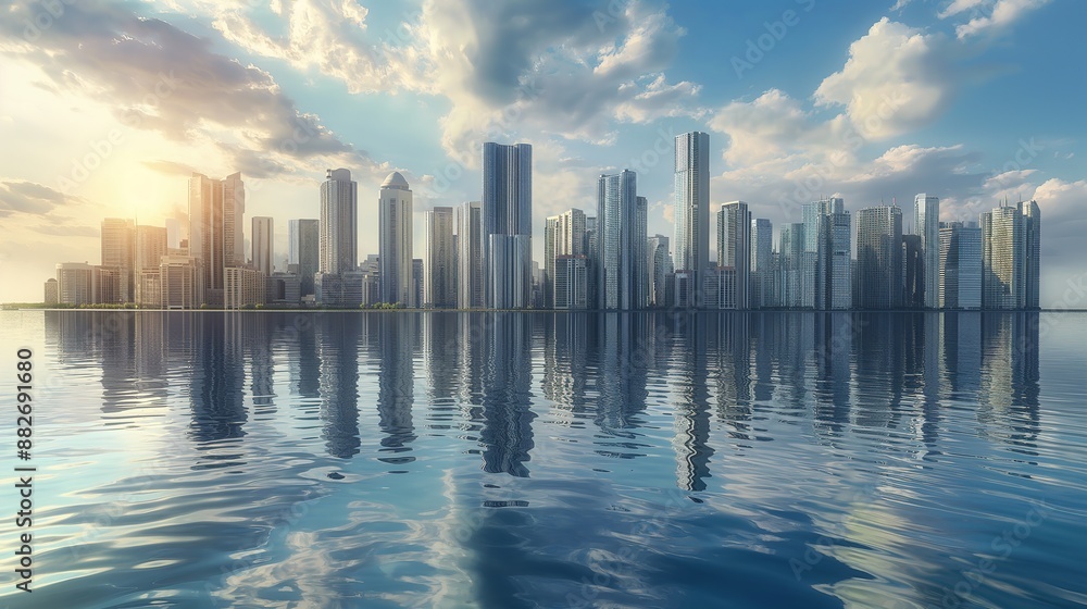 Fototapeta premium Modern City Skyline Reflecting on Water during Daytime with Futuristic Architecture and Urban Landscape