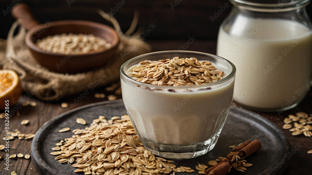 white milk in a cup with oats breakfast cereal white milk in a cup with oats breakfast cereal
