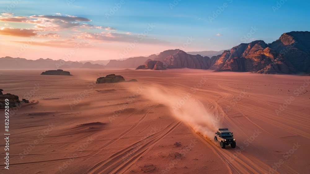 a small car driving in the middle of the desert, a beautiful view of the sky and hills a small car driving in the middle of the desert, a beautiful view of the sky and hills