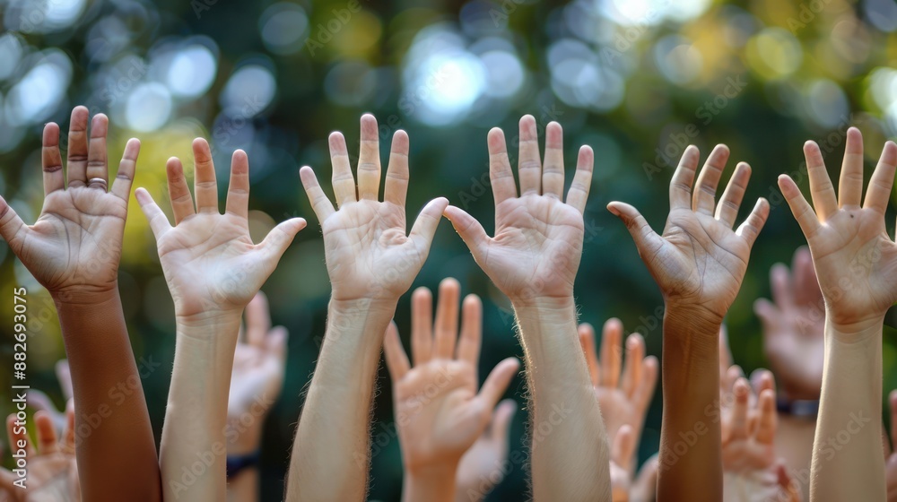 The act of raising hands signifies equality and the acknowledgment of everyone's voice in a democratic society. The act of raising hands signifies equality and the acknowledgment of everyone's voice in a democratic society.