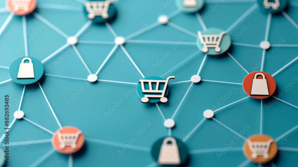 Network of interconnected shopping icons on a blue background, ecommerce network, visualizing digital connections Network of interconnected shopping icons on a blue background, ecommerce network, visualizing digital connections