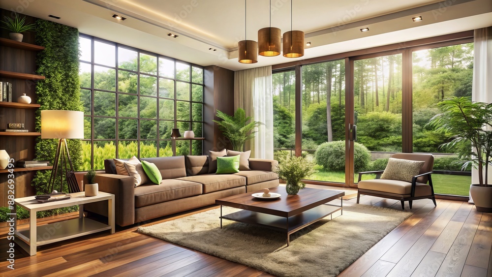 Fototapeta premium Cozy modern living room with cream-colored walls, dark wood furniture, and a large window revealing a lush green outdoor space.