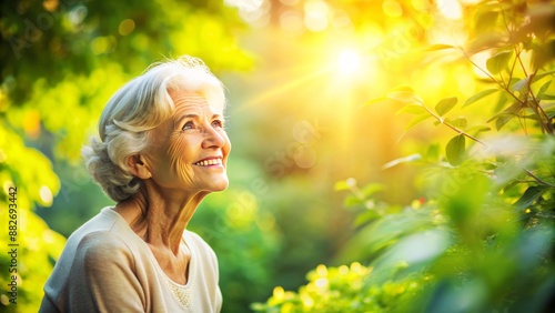 Beautiful serene background with warm lighting and lush greenery, perfect for showcasing joy and vitality in older adulthood.