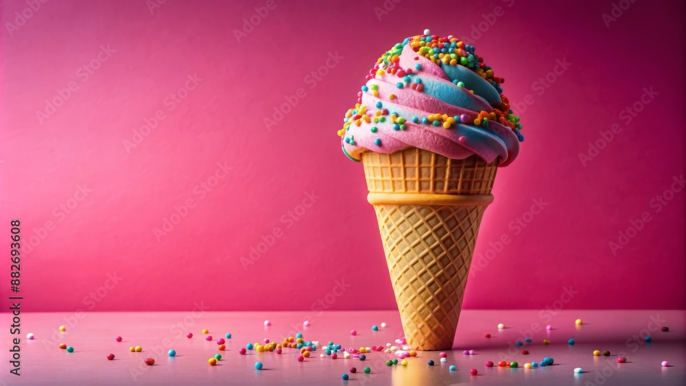 Vibrant pink background showcases a single ice cream cone lavishly decorated with bright, multicolored sprinkles, radiating joy and playfulness. Vibrant pink background showcases a single ice cream cone lavishly decorated with bright, multicolored sprinkles, radiating joy and playfulness.