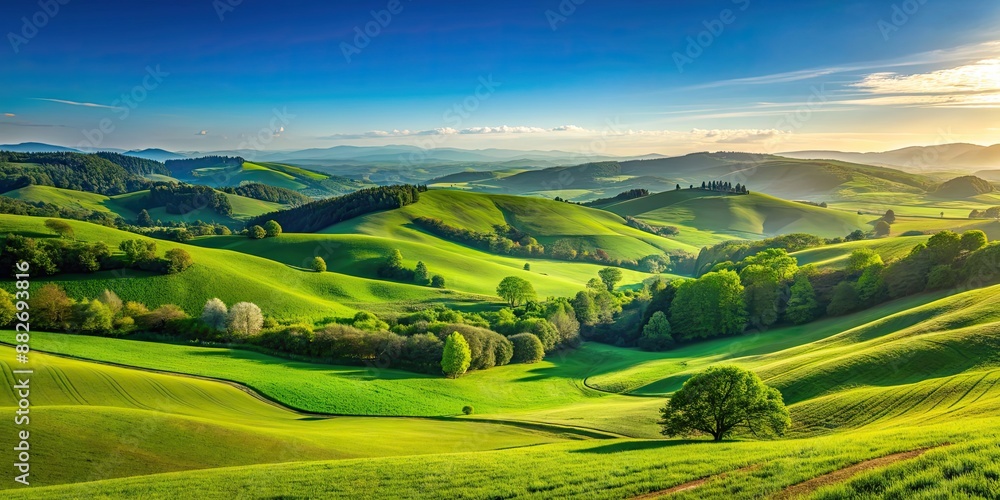 Obraz premium Scenic view of a lush green landscape with rolling hills and a clear blue sky, nature, scenery, countryside, peaceful