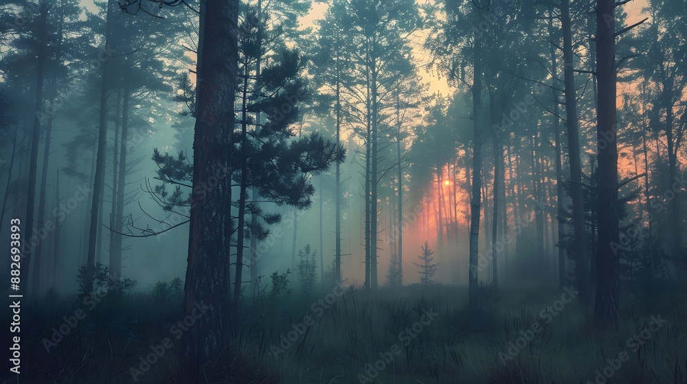 Fototapeta premium Countryside forest with cloudy sky covered by fire smoke during the evening. 