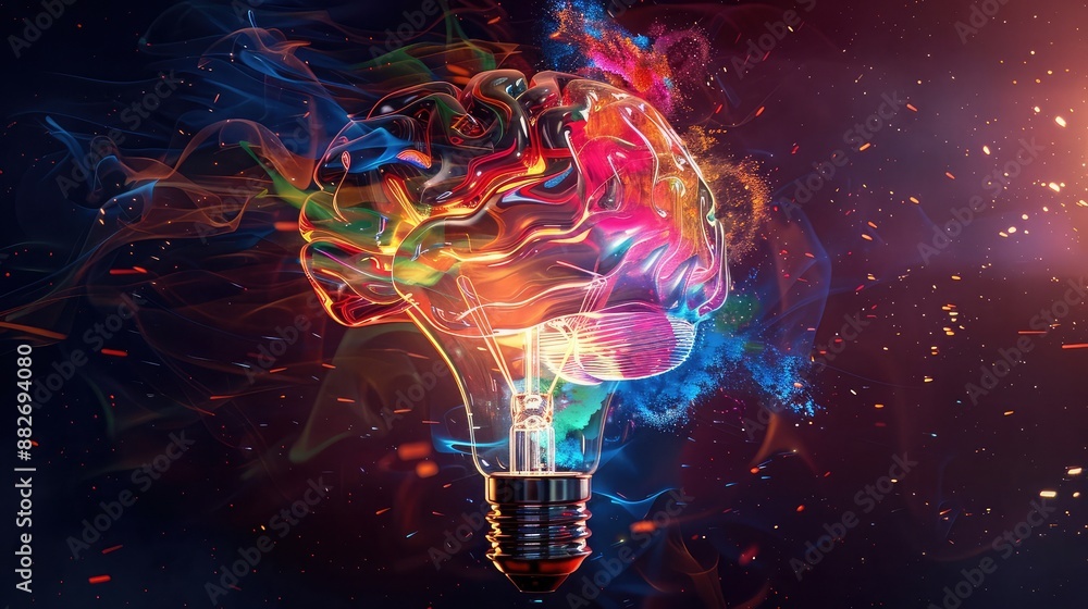 ภาพประกอบสต็อก Abstract neon glowing light bulb with violet brains ...