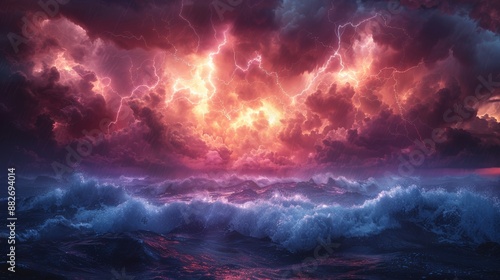 violent storm, rain, great lightning, background : ocean, realistic, hyper realistic, 