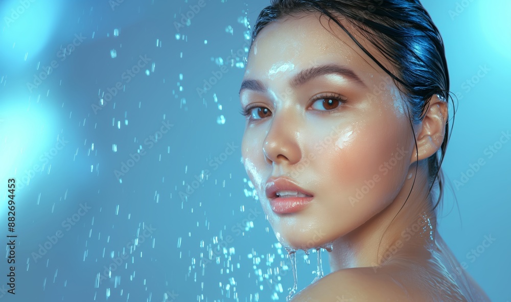 Close up portrait of beautiful young Asian woman with natural makeup and water splash on her face Close up portrait of beautiful young Asian woman with natural makeup and water splash on her face