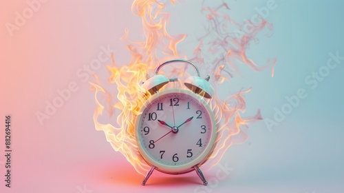 Alarm clock engulfed in flames highlighting the concept of time pressure and deadlines with space for copy. Ideal for illustrating urgency.