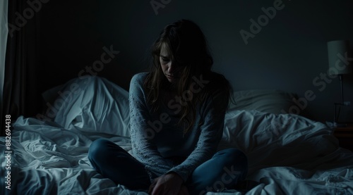 A woman sits on her bed in a dark room, her posture and expression conveying deep sadness and depression, highlighting serious mental health struggles and emotional distress