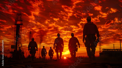 Worker on petroleum platform wile going to get work photo