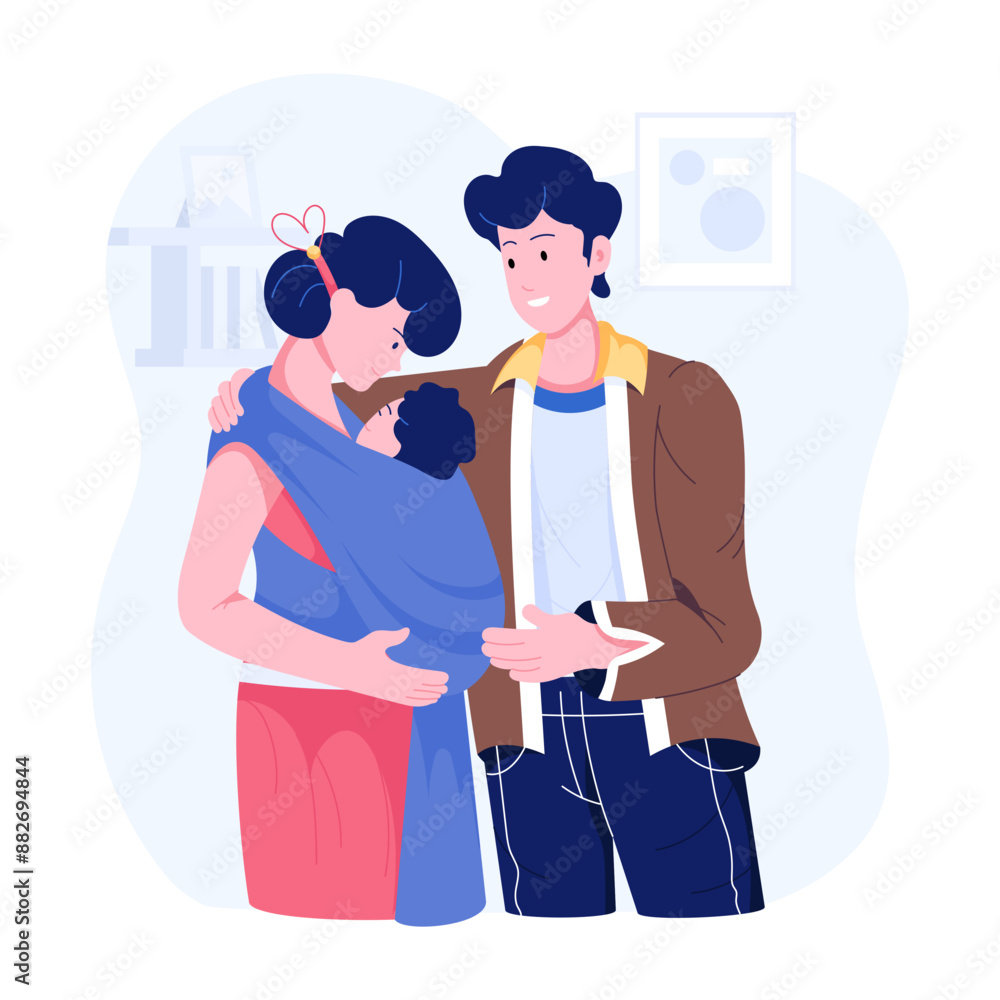 A flat character illustration of parents holding baby A flat character illustration of parents holding baby