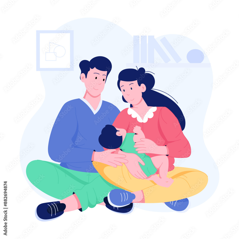 Parents sitting comfortably on floor while feeding baby, flat illustration 