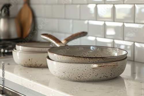 Ceramic frying pans placed in a modern kitchen setting.