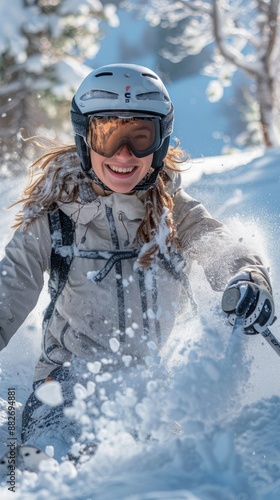 A beautiful girl with a great figure skiing joyfully in the snow while wearing a helmet