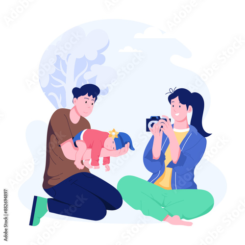 A flat style illustration of parents doing newborn photography 