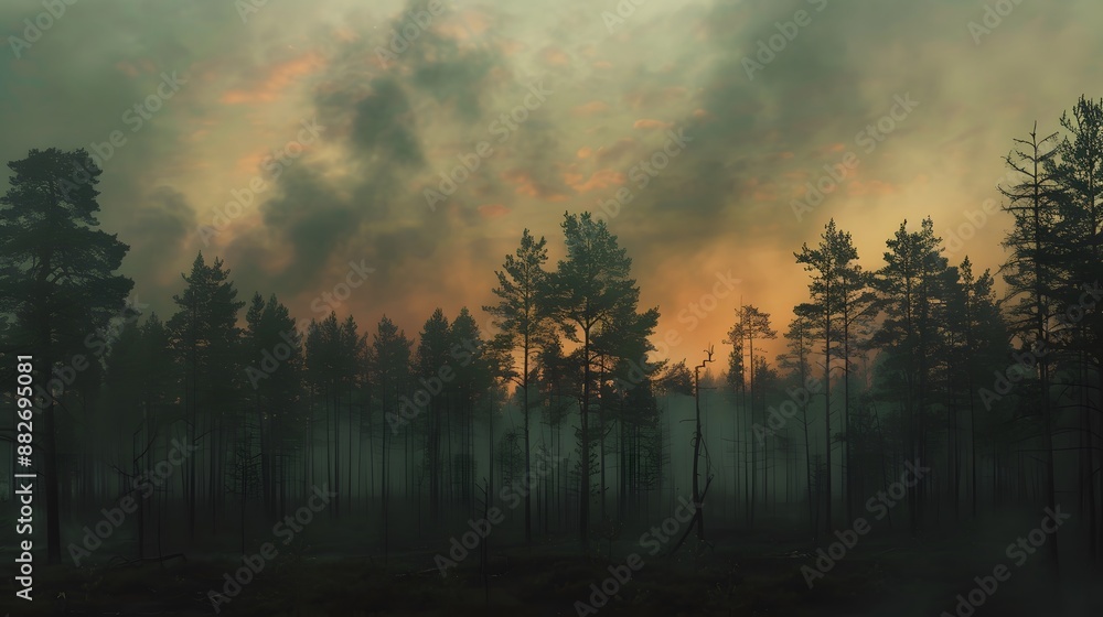 Countryside forest with cloudy sky covered by fire smoke during the evening. Countryside forest with cloudy sky covered by fire smoke during the evening.