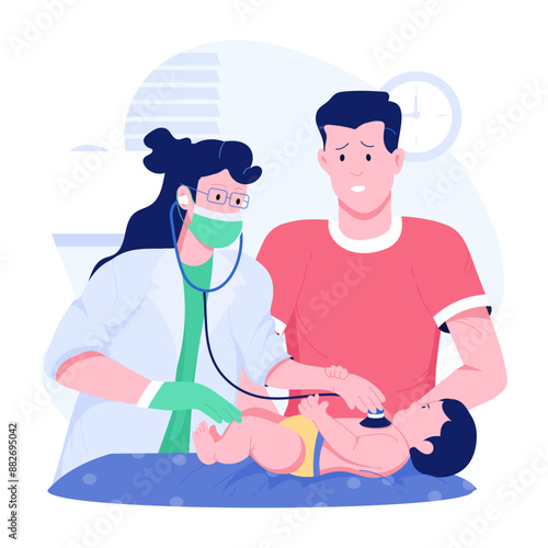 Doctor doing newborn checkup, flat style illustration 