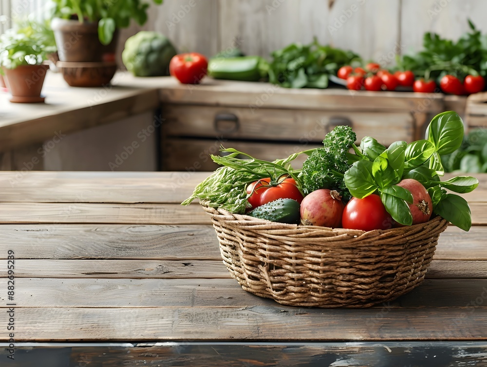 Wooden Table with Woven Baskets Filled with Fresh Organic Farm Produce Wooden Table with Woven Baskets Filled with Fresh Organic Farm Produce