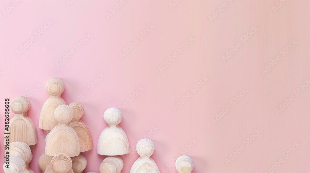 Concept of Diversity and Equality Human shaped wooden figures on pink table top view with space for text Concept of Diversity and Equality Human shaped wooden figures on pink table top view with space for text