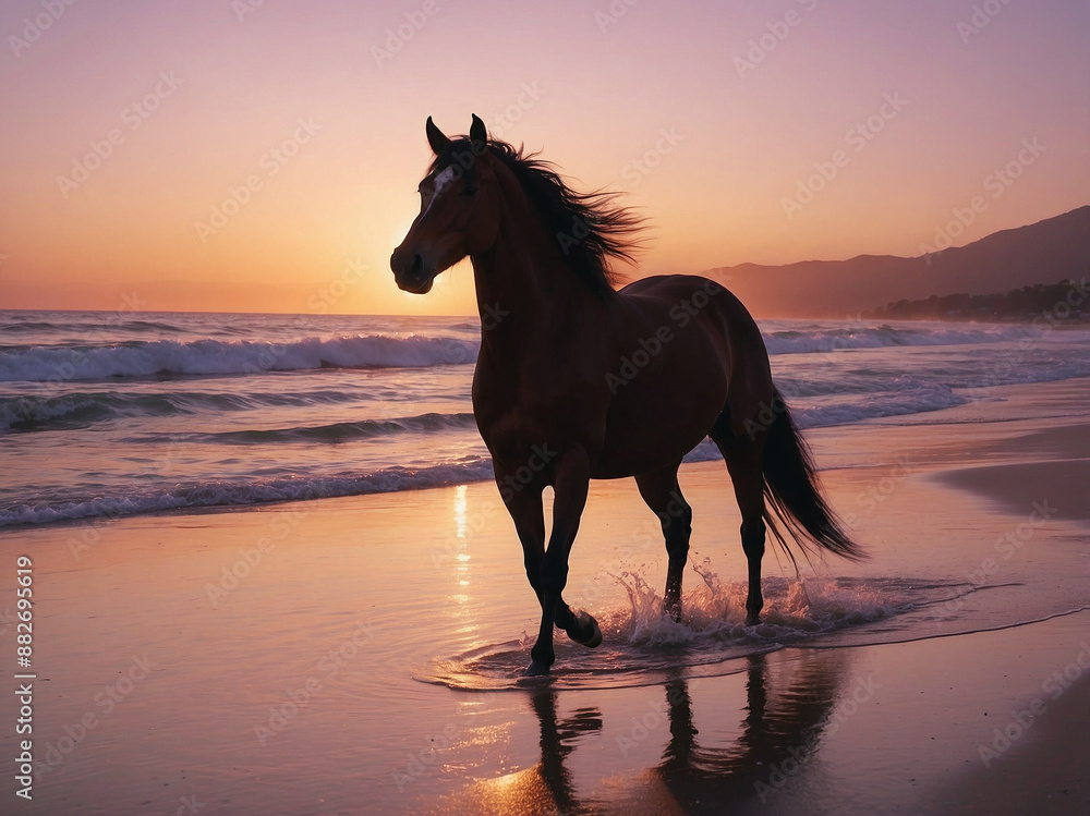 Horse galloping along the beach at sunset with waves crashing in the background Horse galloping along the beach at sunset with waves crashing in the background