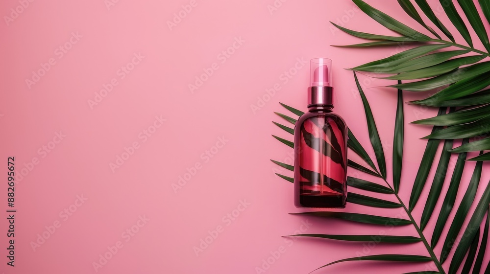Cosmetic bottle with palm leaf on a pink background in a flat lay arrangement Cosmetic bottle with palm leaf on a pink background in a flat lay arrangement