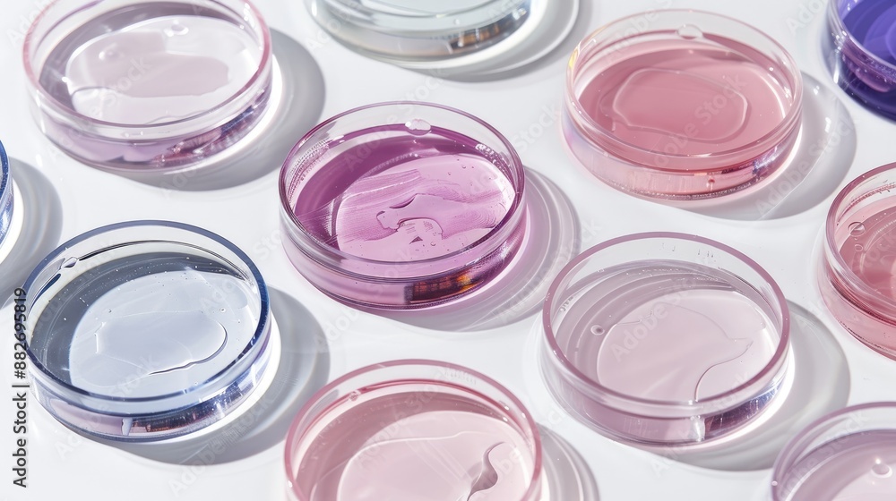 Cosmetic laden Petri dishes on a white backdrop for skincare and dermatology research Cosmetic laden Petri dishes on a white backdrop for skincare and dermatology research