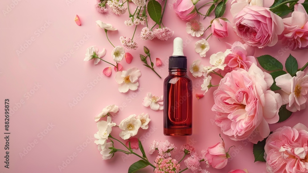 Composition of flattened items with rose oil and flowers on pink surface room for text Composition of flattened items with rose oil and flowers on pink surface room for text