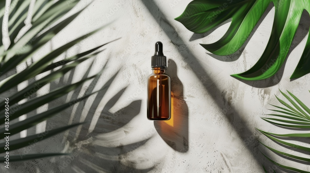 Cosmetic dropper bottle with oil pipette and tropical leaves shadows on gray backdrop