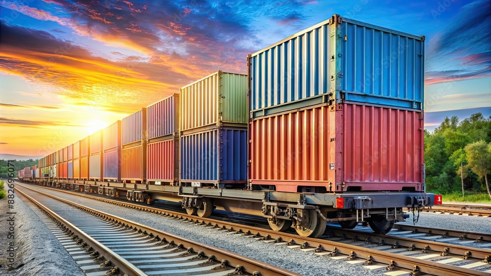 Fototapeta premium Containers stacked on a logistic train for transportation , logistics, train, containers, shipping, transportation