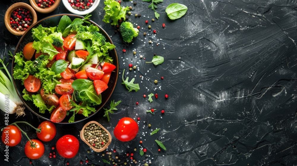 Composition with copy space featuring a border design and a vegetable salad with ingredients Composition with copy space featuring a border design and a vegetable salad with ingredients