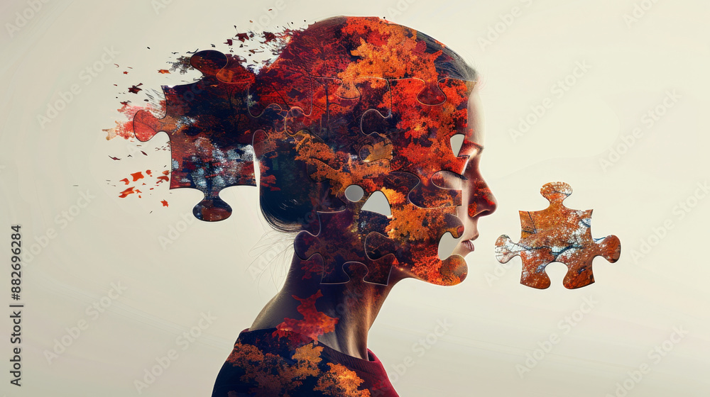 human silhouette composed of puzzle pieces, with some pieces missing or ...