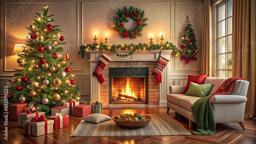 Cozy Christmas living room decor with fireplace, ornaments, and stockings , XMas, holiday, festive, home, interior © Sujid