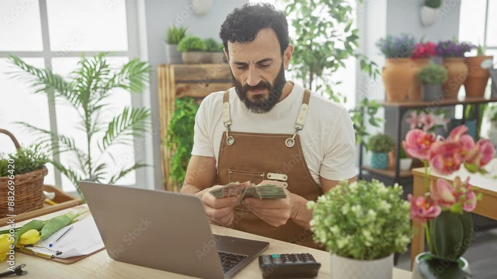 Middle-aged man with beard counting money at a flower shop indoors, surrounded by green plants. Middle-aged man with beard counting money at a flower shop indoors, surrounded by green plants.