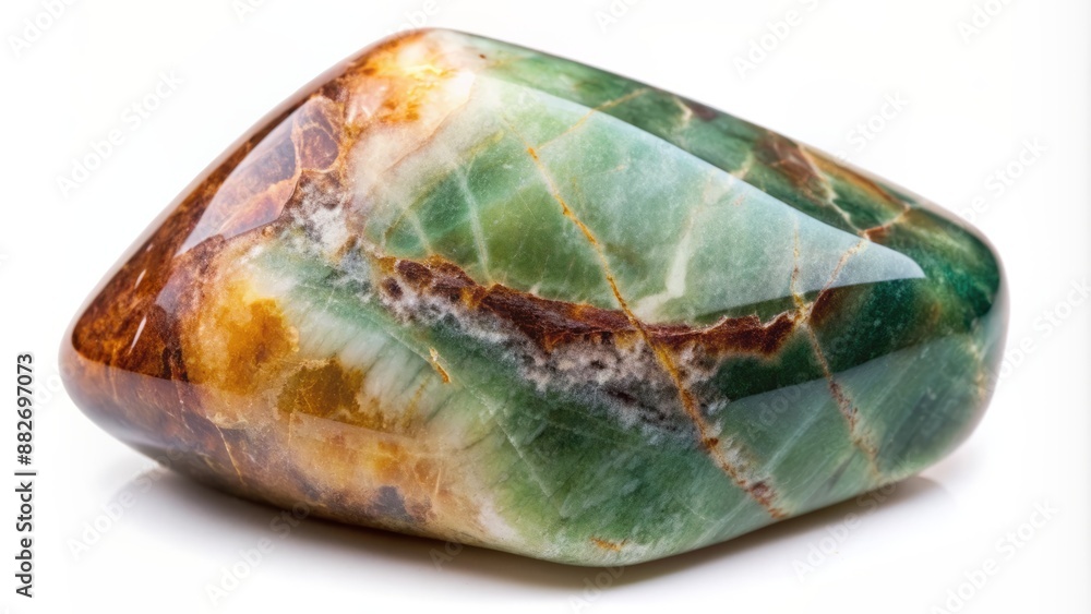 Close-up of a beautiful, polished, abstract-shaped mineral stone specimen isolated on a pure white studio background with no shadows. Close-up of a beautiful, polished, abstract-shaped mineral stone specimen isolated on a pure white studio background with no shadows.