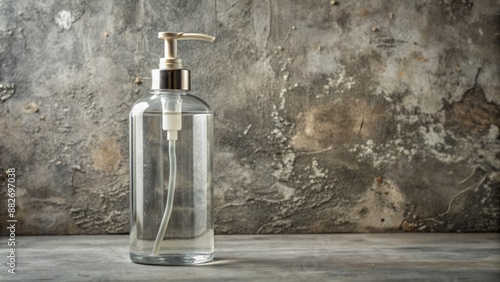 A clear cylindrical glass bottle containing transparent liquid soap sits isolated on a weathered grey concrete background surface.