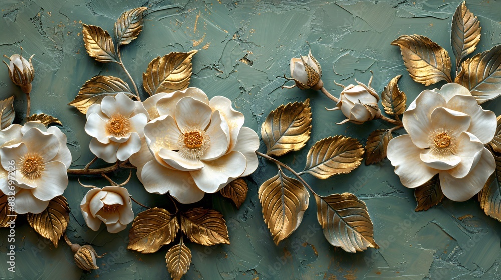 Fototapeta premium Stucco rose relief: artistic portrayal of classic petals in white and gold hues, set against a backdrop of rich green leaves for a luxurious feel.