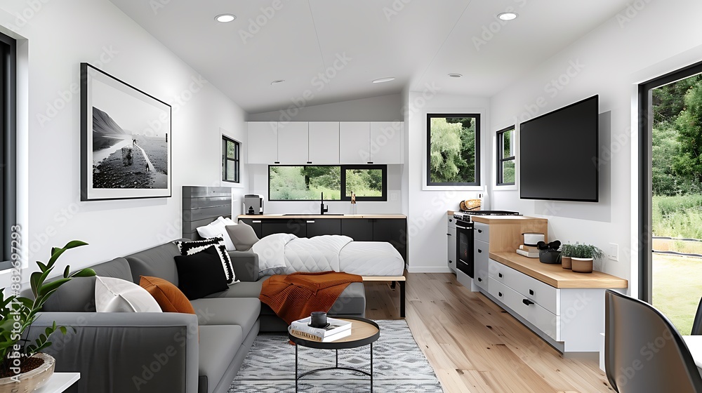 Contemporary tiny house floor plan close-up, highlighting smart use of space with detailed furnishings, neutral tones, more clarity with clear light and sharp focus, high detailed Contemporary tiny house floor plan close-up, highlighting smart use of space with detailed furnishings, neutral tones, more clarity with clear light and sharp focus, high detailed