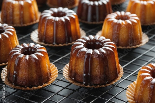 French traditional dessert canele on the pastry lattice for glazing . Caneles de bordeaux - traditional French sweet dessert photo