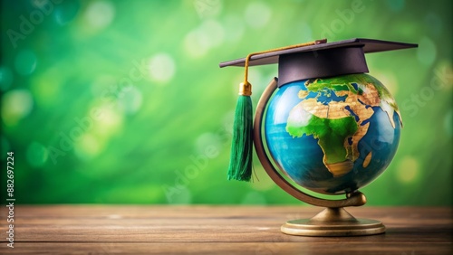 Vibrant green background features a majestic globe adorned with a graduation hat and school accessories, symbolizing academic achievement and success.