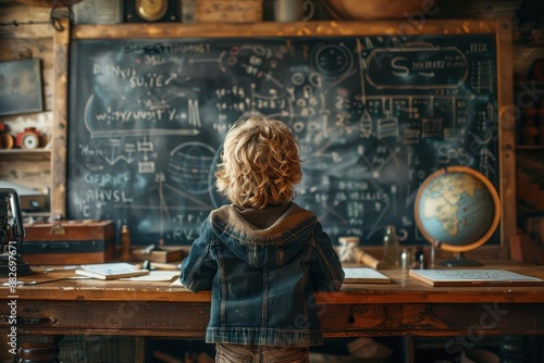 A young boy standing in front of a chalkboard