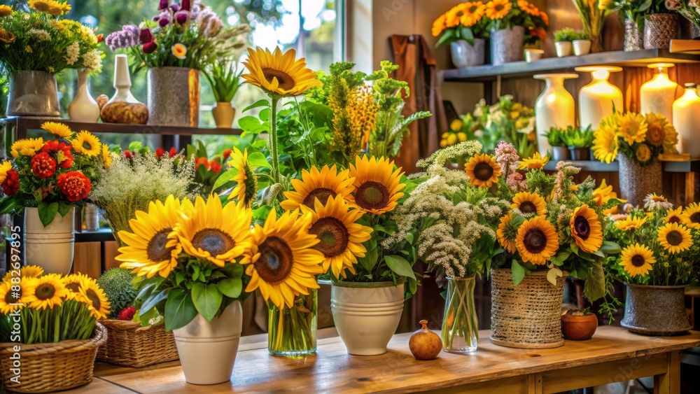 Vibrant sunflowers arrangement surrounded by lush greenery and decorative vases fills the cozy interior of a quaint flower store boutique. Vibrant sunflowers arrangement surrounded by lush greenery and decorative vases fills the cozy interior of a quaint flower store boutique.