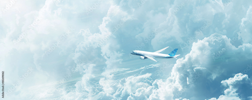 Naklejka premium A photo of an airplane flying in a blue sky with white clouds, in banner format, with copy space on the right side, in the style of photorealistic.