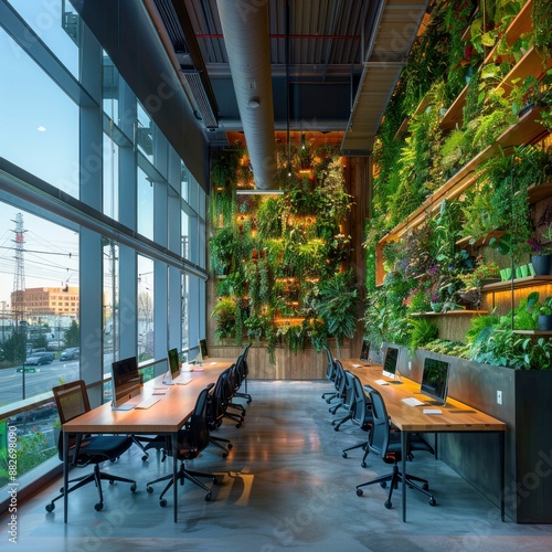 Spacious Office with Vertical Garden and Modern Workstations. Generative ai photo