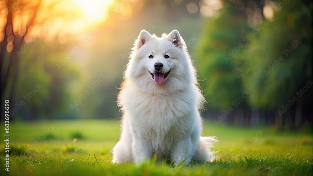 Fototapeta premium Fluffy white Samoyed dog sitting on grass , fluffy, white, Samoyed, dog, pet, animal, cute, fluffy coat, domestic, purebred