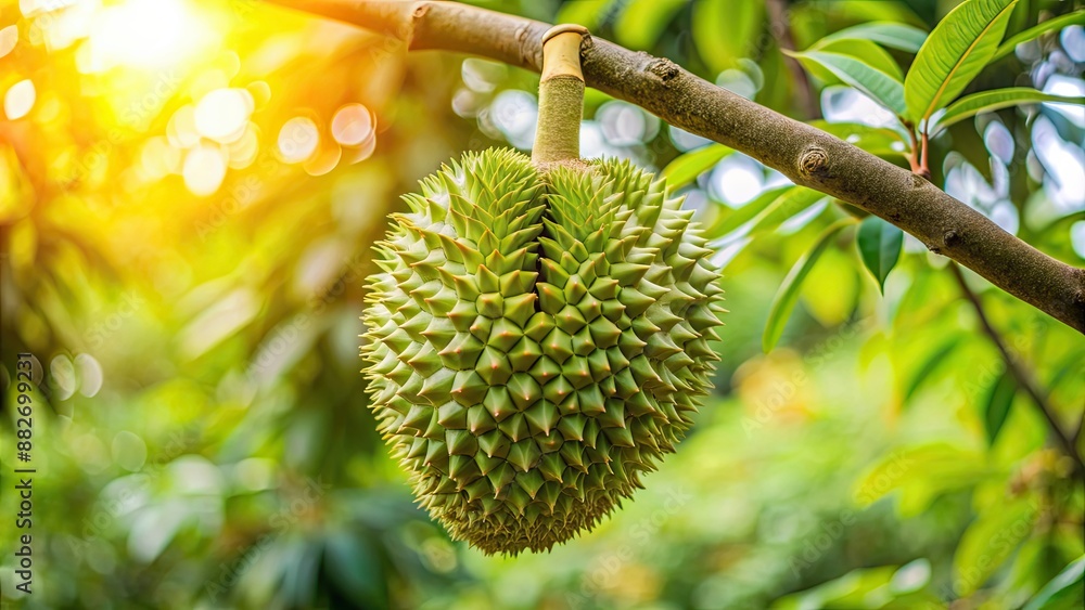 Durian fruit growing on a tree , tropical, spiky, exotic, Southeast Asia, smelly, thorny, pungent, harvest, farming Durian fruit growing on a tree , tropical, spiky, exotic, Southeast Asia, smelly, thorny, pungent, harvest, farming