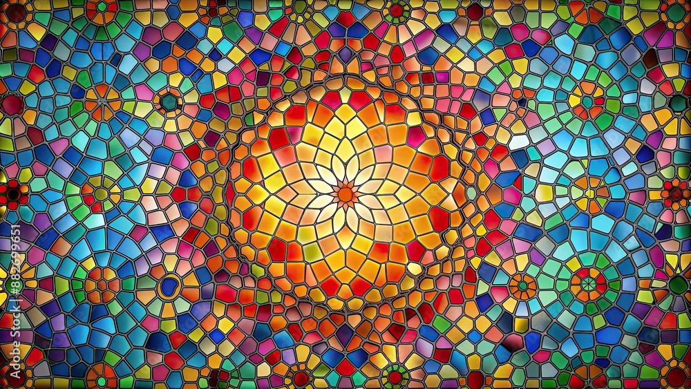 Obraz premium Colorful stained glass mosaic depicting a vibrant design, stained glass, mosaic, colorful, vibrant, art, pattern, texture
