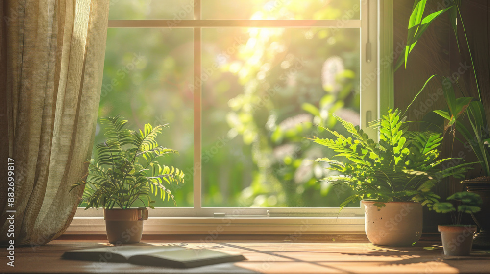 Sunny Windowsill with Plants and Book. Sunny Windowsill with Plants and Book.